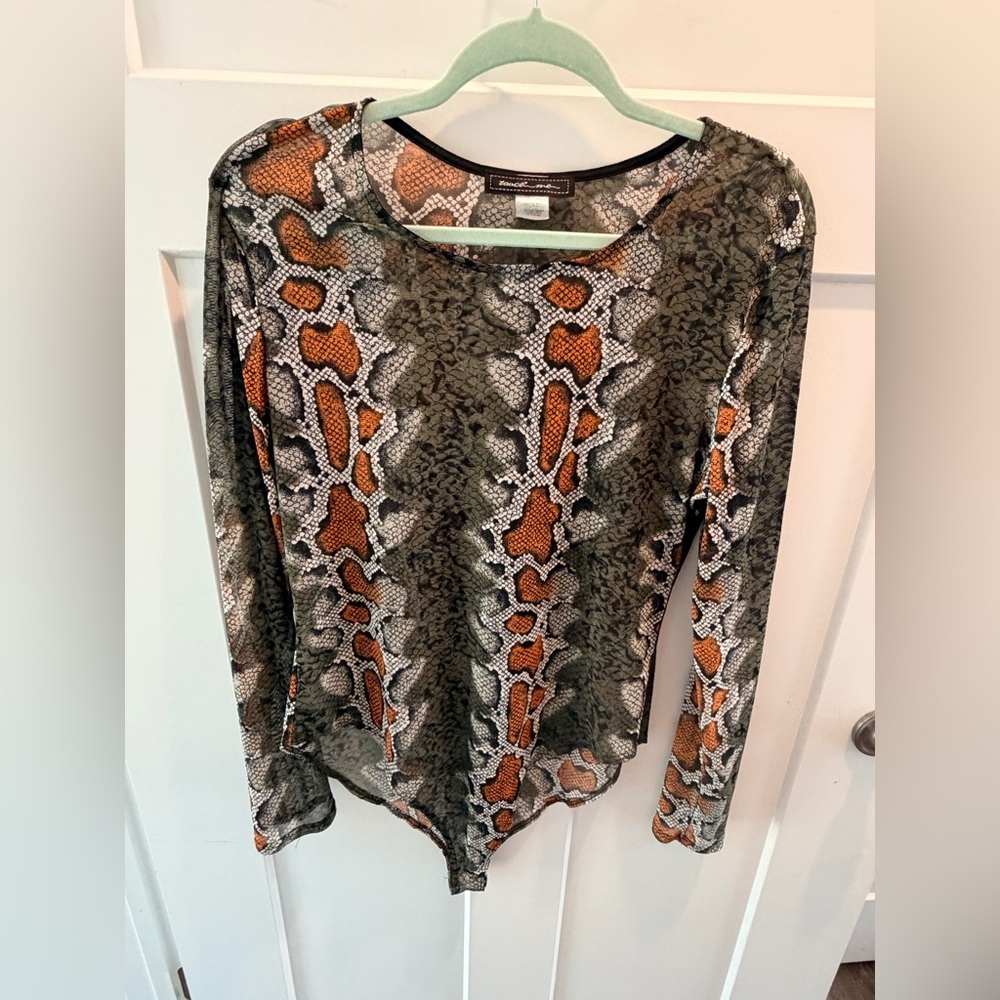 Snake Print Mesh Bodysuit XL Sheer Long Sleeve Stretch Club Festival Top